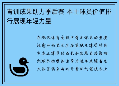 青训成果助力季后赛 本土球员价值排行展现年轻力量