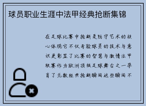 球员职业生涯中法甲经典抢断集锦